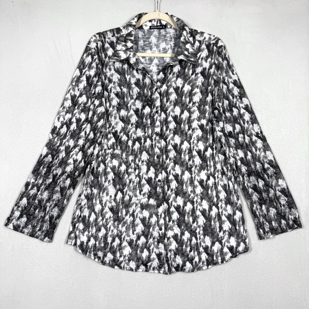 David Cline Top Womens XL Snap Front Blouse Artsy Abstract Print Made‎ in USA